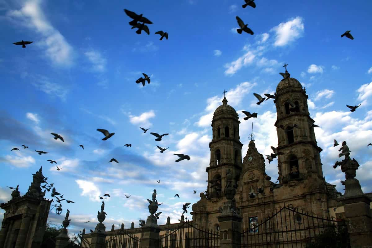Palomas volando frente a una catedral.
