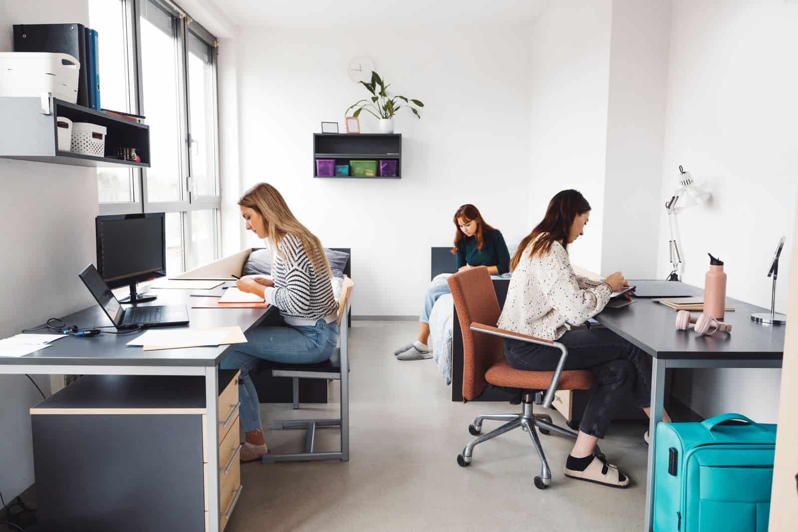 Un grupo de mujeres trabajando en escritorios en una oficina.